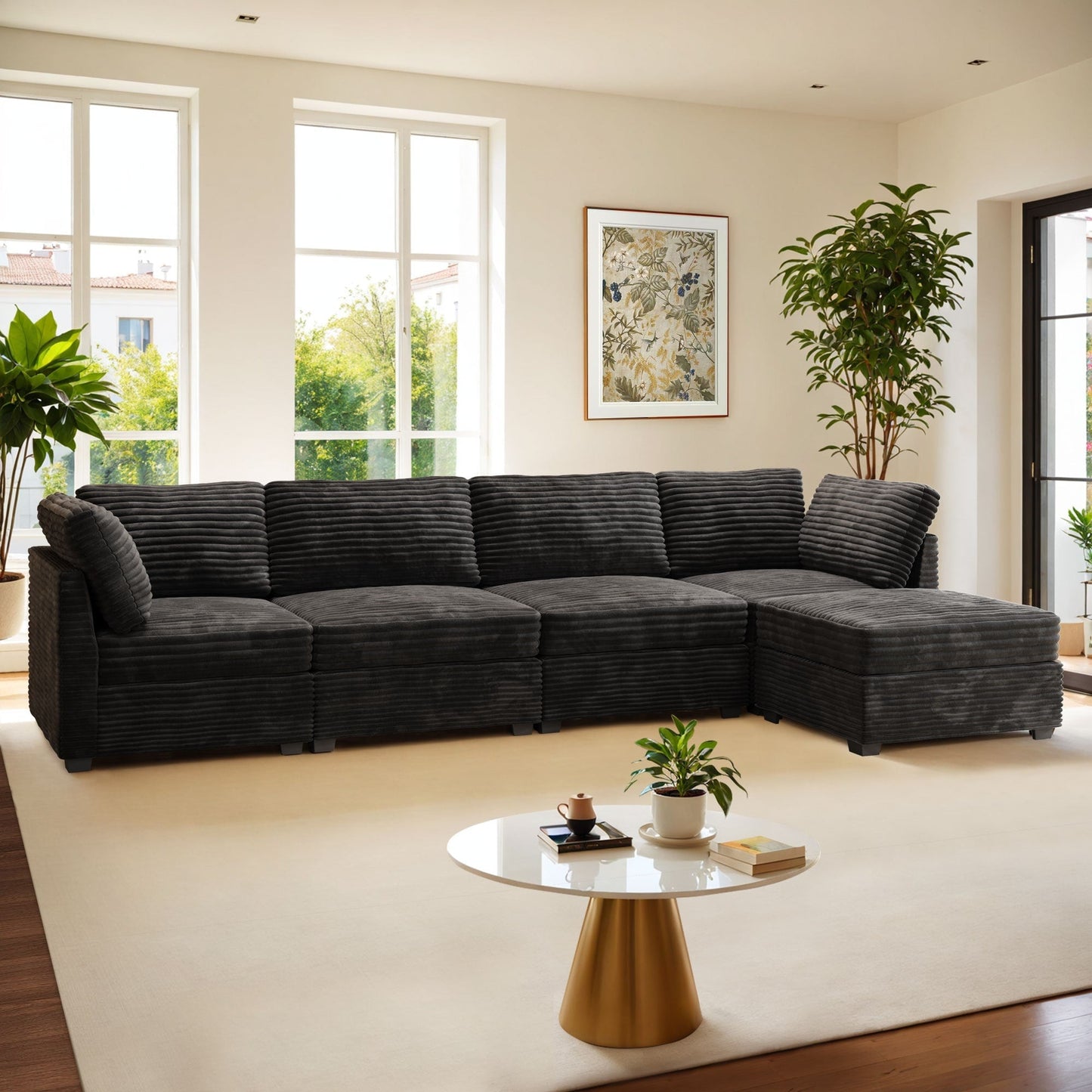 HOOOWOOO Modular Plush Corduroy Sofa Couch with Ottoman for Living Room
