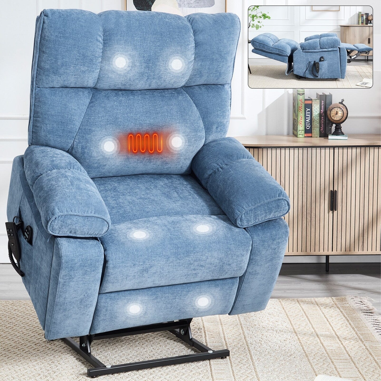 Heat Massage Dual Motor Infinite Position Large Electric Power Lift Recliners with Hidden Cup Holders,Power-Remote,Medium-firm