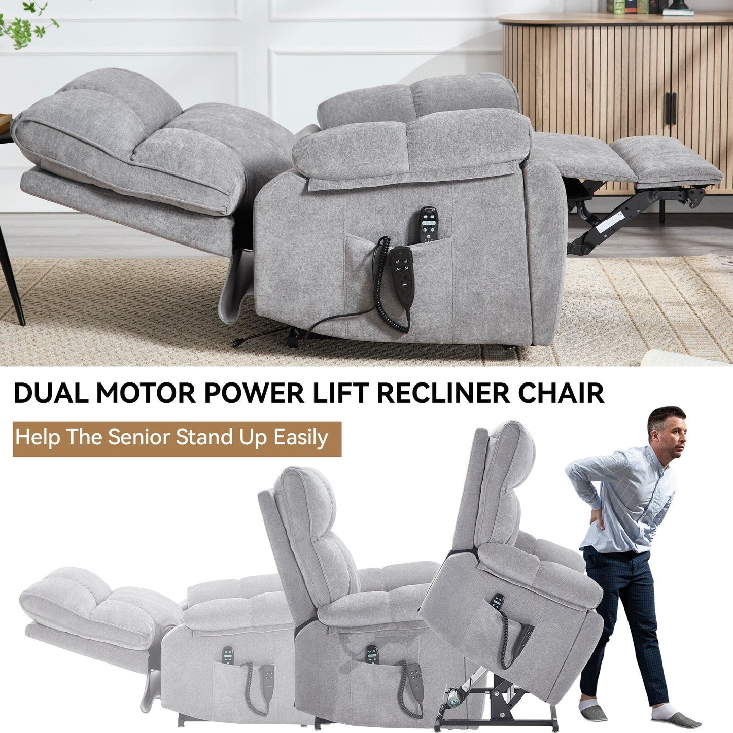 Heat Massage Dual Motor Infinite Position Large Electric Power Lift Recliners with Hidden Cup Holders,Power-Remote,Medium-firm