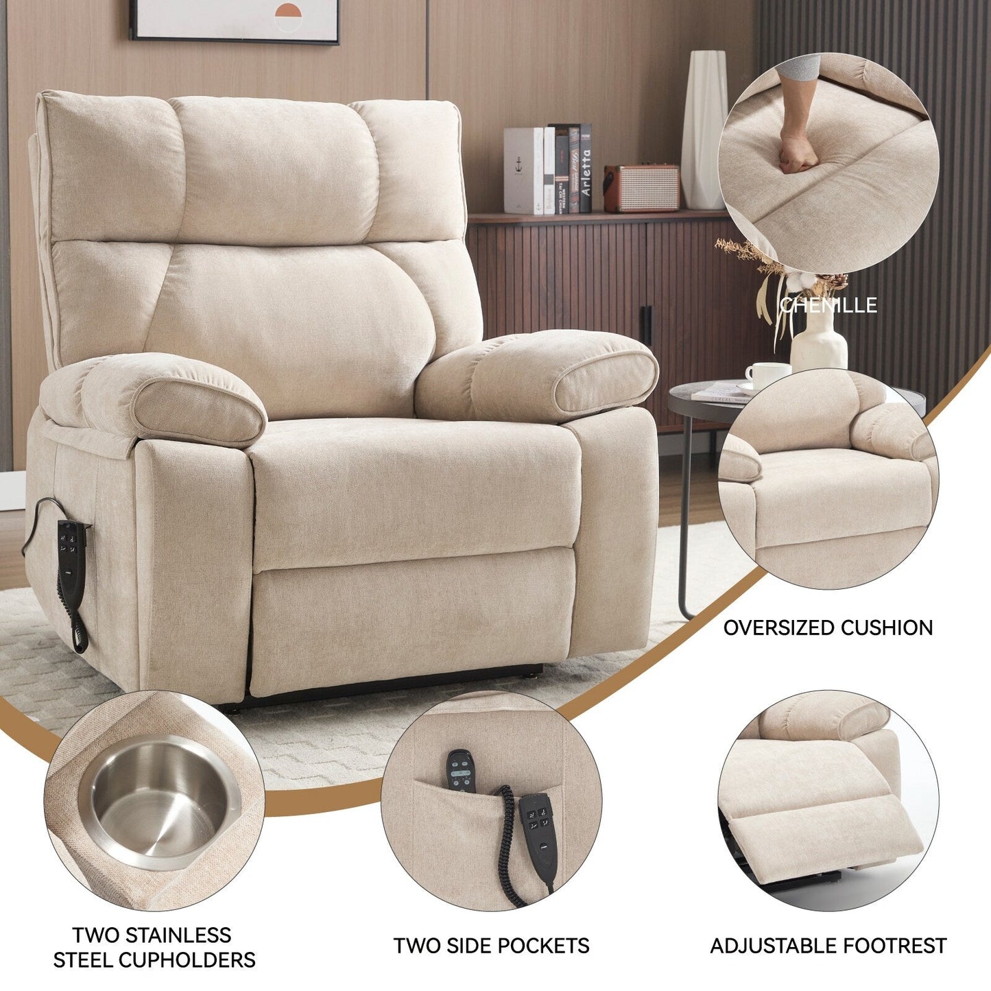 Heat Massage Dual Motor Infinite Position Large Electric Power Lift Recliners with Hidden Cup Holders,Power-Remote,Medium-firm