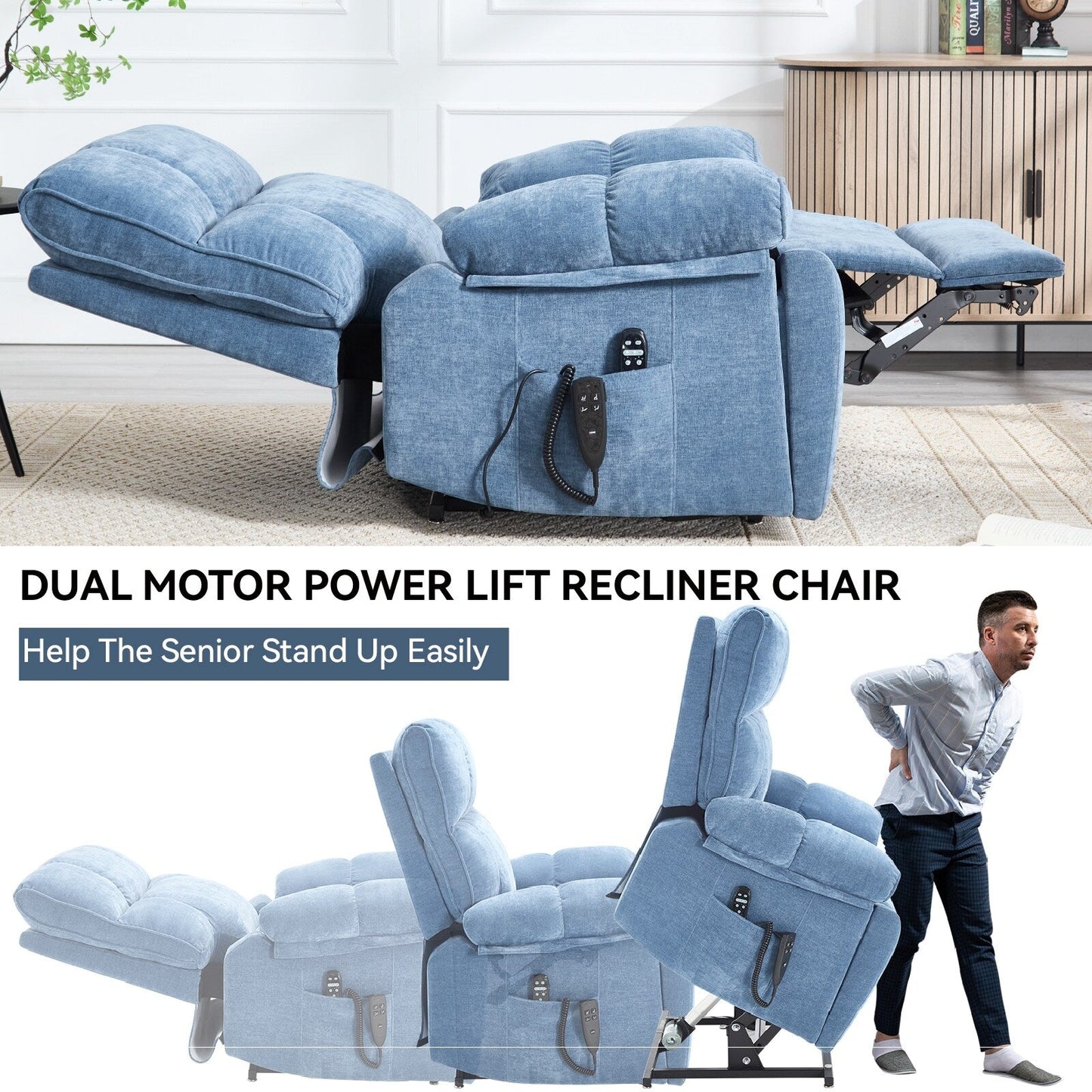 Heat Massage Dual Motor Infinite Position Large Electric Power Lift Recliners with Hidden Cup Holders,Power-Remote,Medium-firm