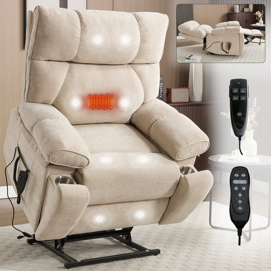 Heat Massage Dual Motor Infinite Position Large Electric Power Lift Recliners with Hidden Cup Holders,Power-Remote,Medium-firm
