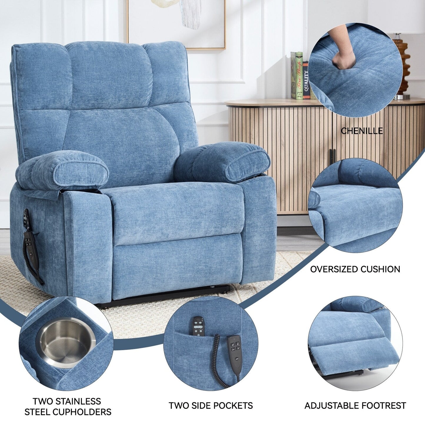 Heat Massage Dual Motor Infinite Position Large Electric Power Lift Recliners with Hidden Cup Holders,Power-Remote,Medium-firm