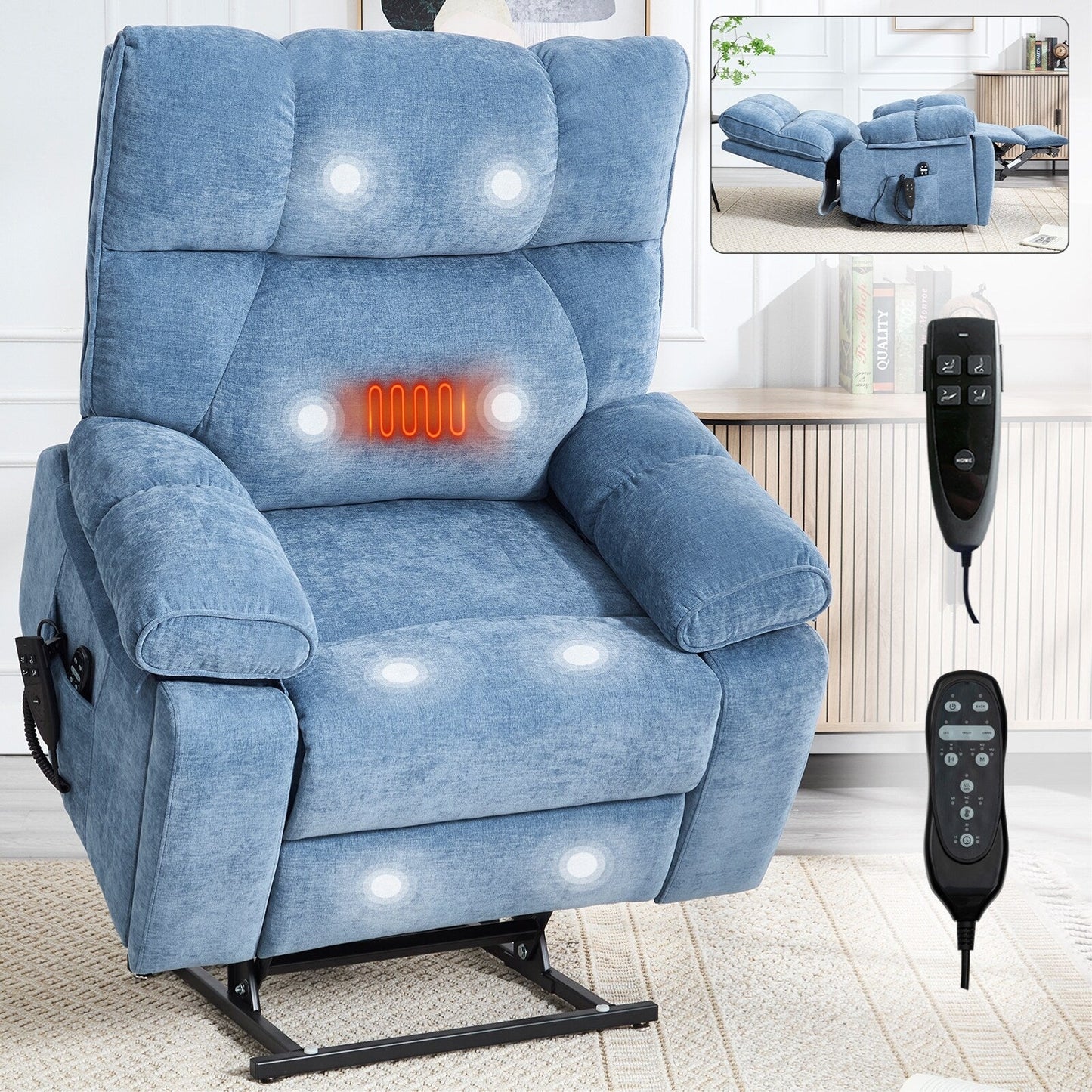 Heat Massage Dual Motor Infinite Position Large Electric Power Lift Recliners with Hidden Cup Holders,Power-Remote,Medium-firm