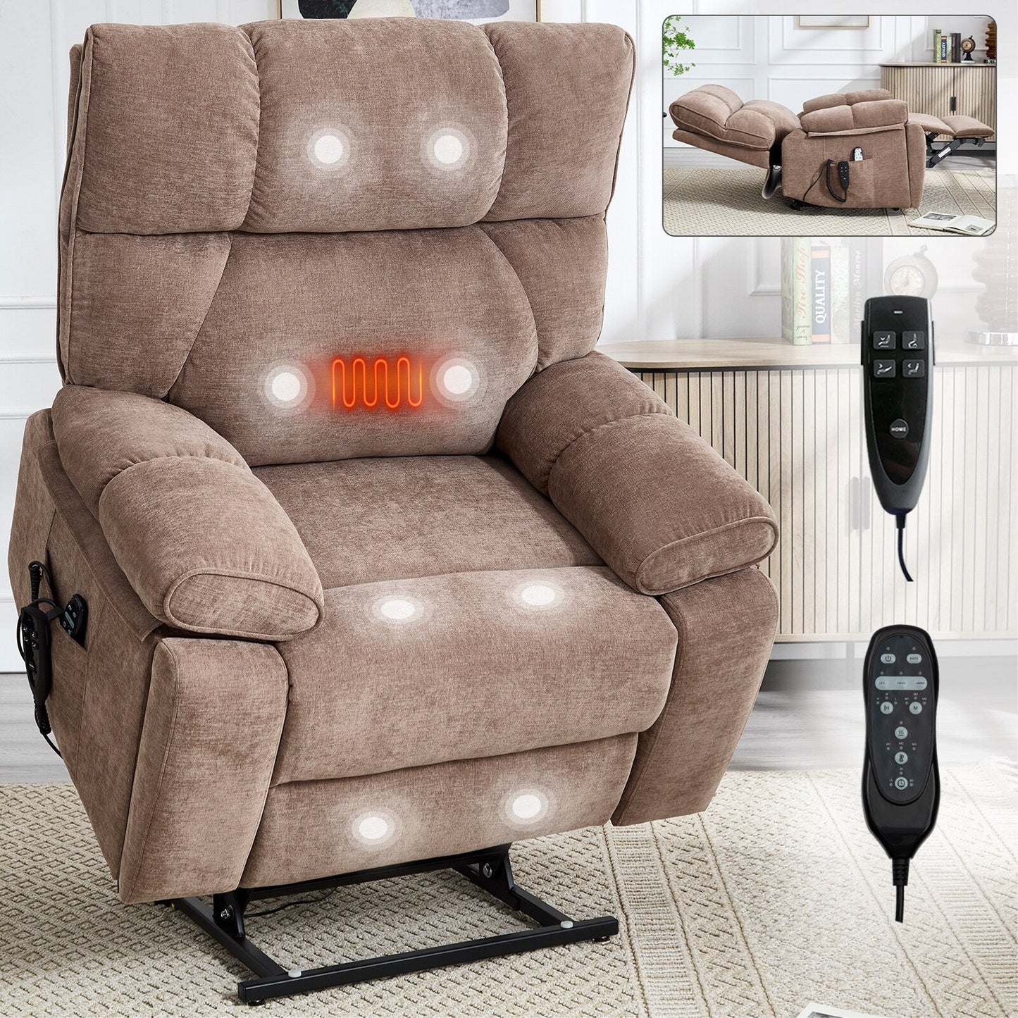 Heat Massage Dual Motor Infinite Position Large Electric Power Lift Recliners with Hidden Cup Holders,Power-Remote,Medium-firm