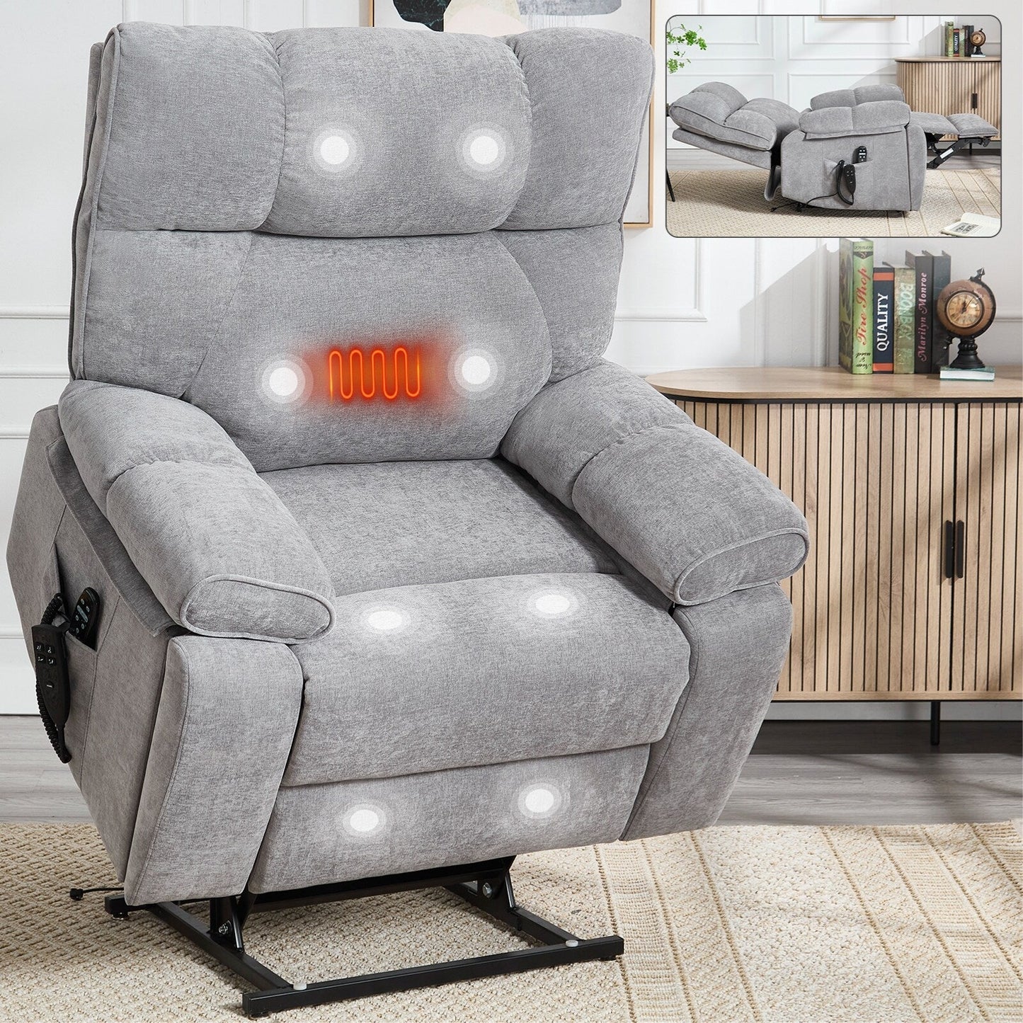Heat Massage Dual Motor Infinite Position Large Electric Power Lift Recliners with Hidden Cup Holders,Power-Remote,Medium-firm