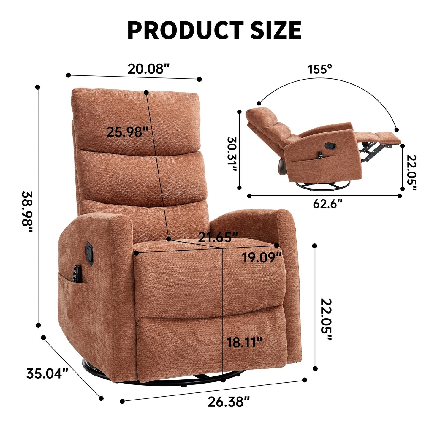 Heat Massage Manual Recliner Chair with Rocker and Swivel in Fabric for Living Room