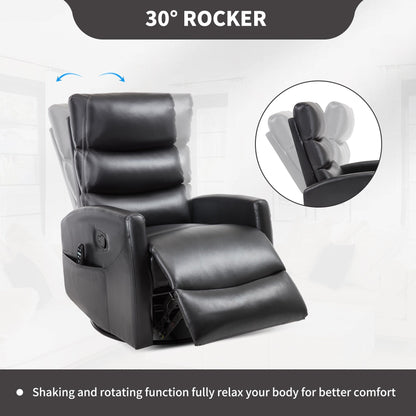 Heat Massage Manual Recliner Chair with Rocker and Swivel in Fabric for Living Room, Black