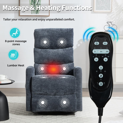 Heat Massage Manual Recliner Chair with Rocker and Swivel in Fabric for Living Room, Blue