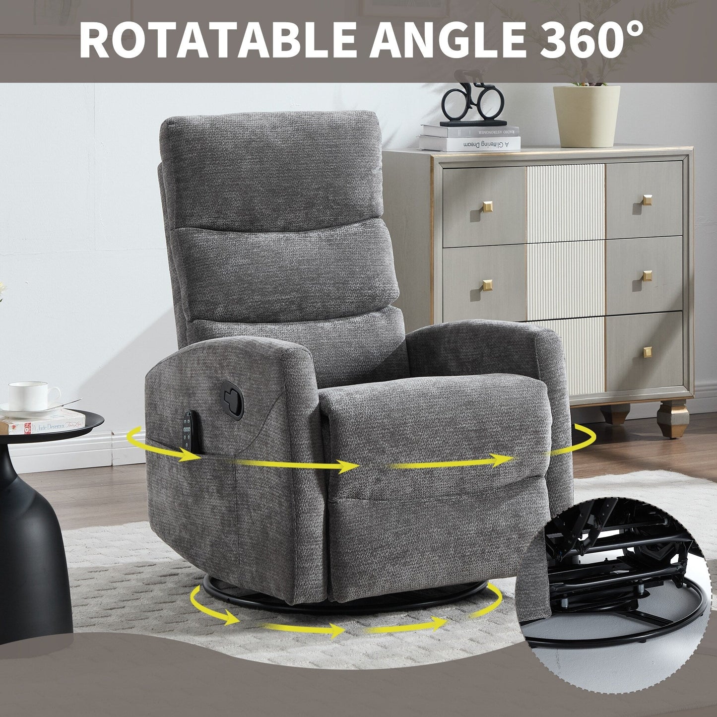 Heat Massage Manual Recliner Chair with Rocker and Swivel in Fabric for Living Room, GREY