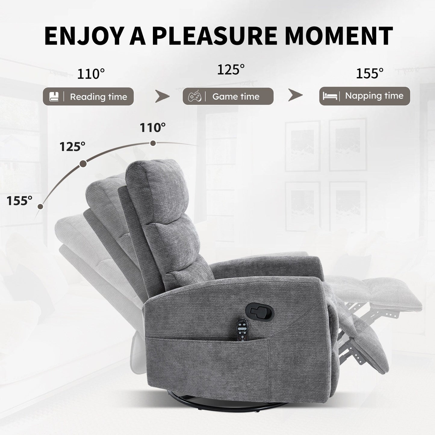 Heat Massage Manual Recliner Chair with Rocker and Swivel in Fabric for Living Room, GREY