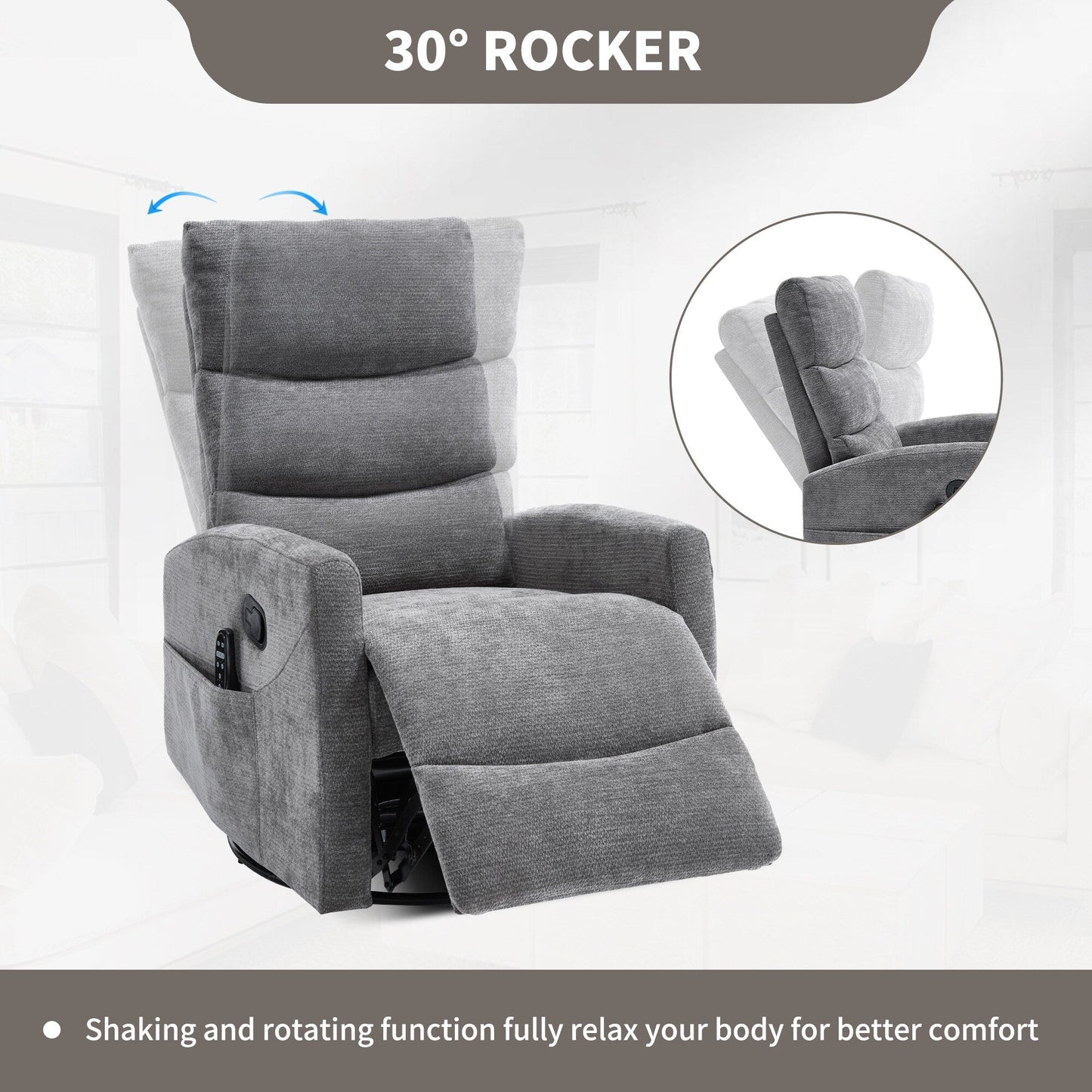 Heat Massage Manual Recliner Chair with Rocker and Swivel in Fabric for Living Room, GREY