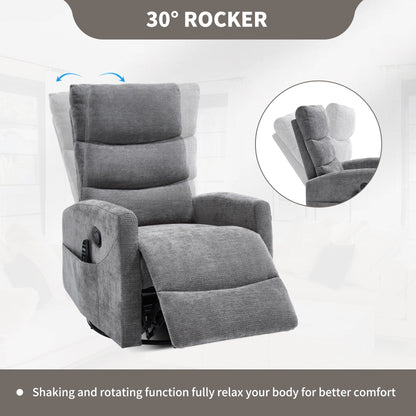 Heat Massage Manual Recliner Chair with Rocker and Swivel in Fabric for Living Room, GREY