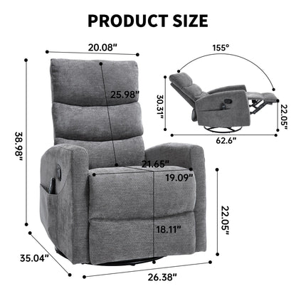 Heat Massage Manual Recliner Chair with Rocker and Swivel in Fabric for Living Room, GREY
