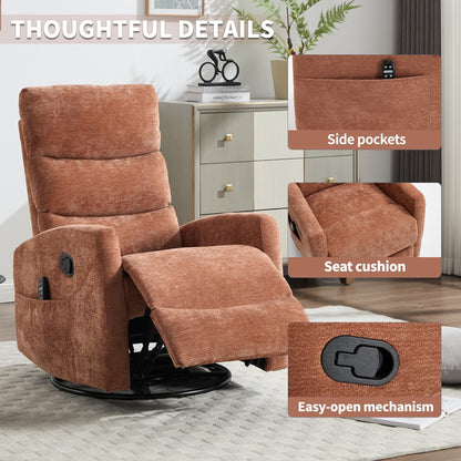Heat Massage Manual Recliner Chair with Rocker and Swivel in Fabric for Living Room, Orange