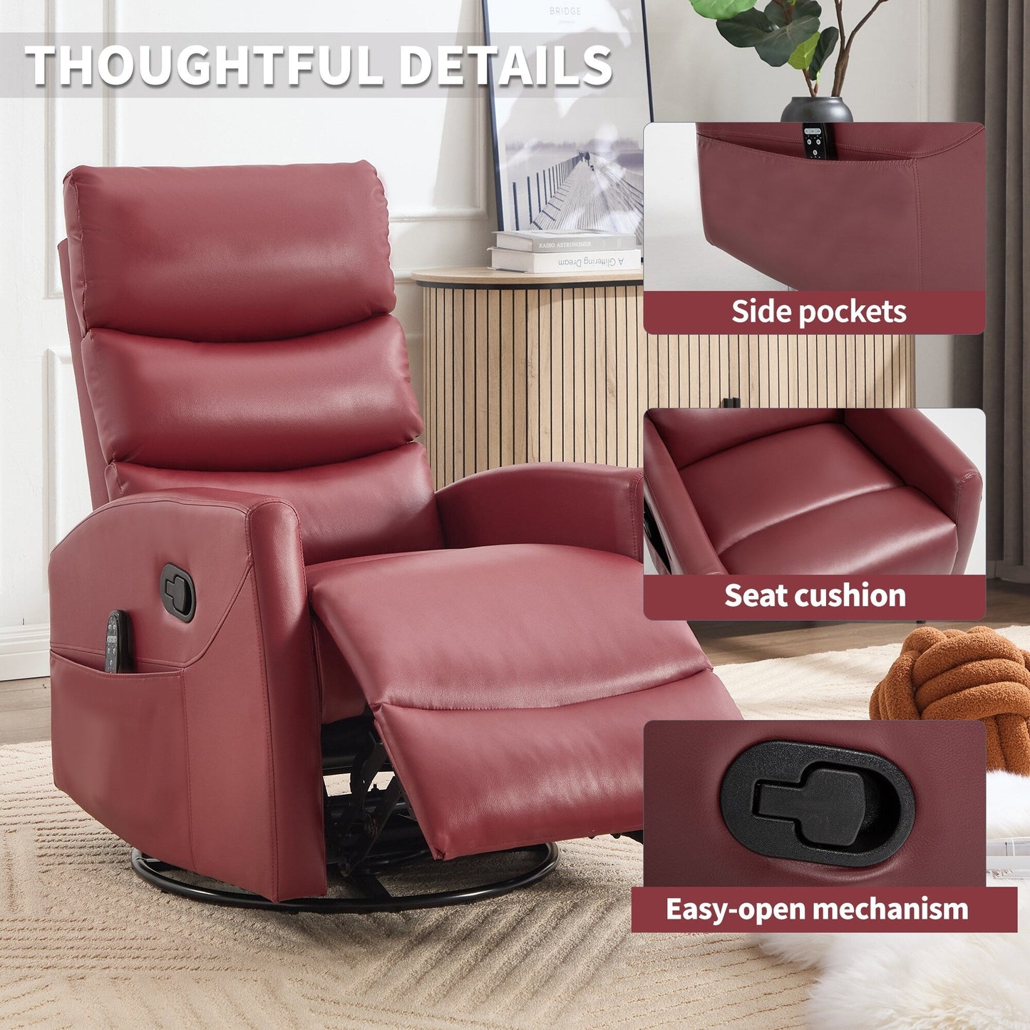Heat Massage Manual Recliner Chair with Rocker and Swivel in Fabric for Living Room, Red