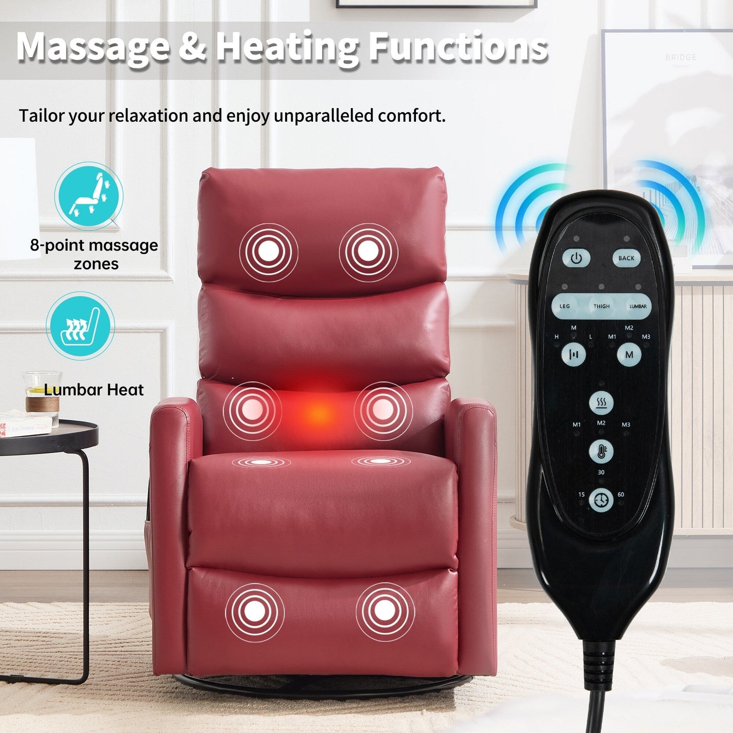 Heat Massage Manual Recliner Chair with Rocker and Swivel in Fabric for Living Room, Red