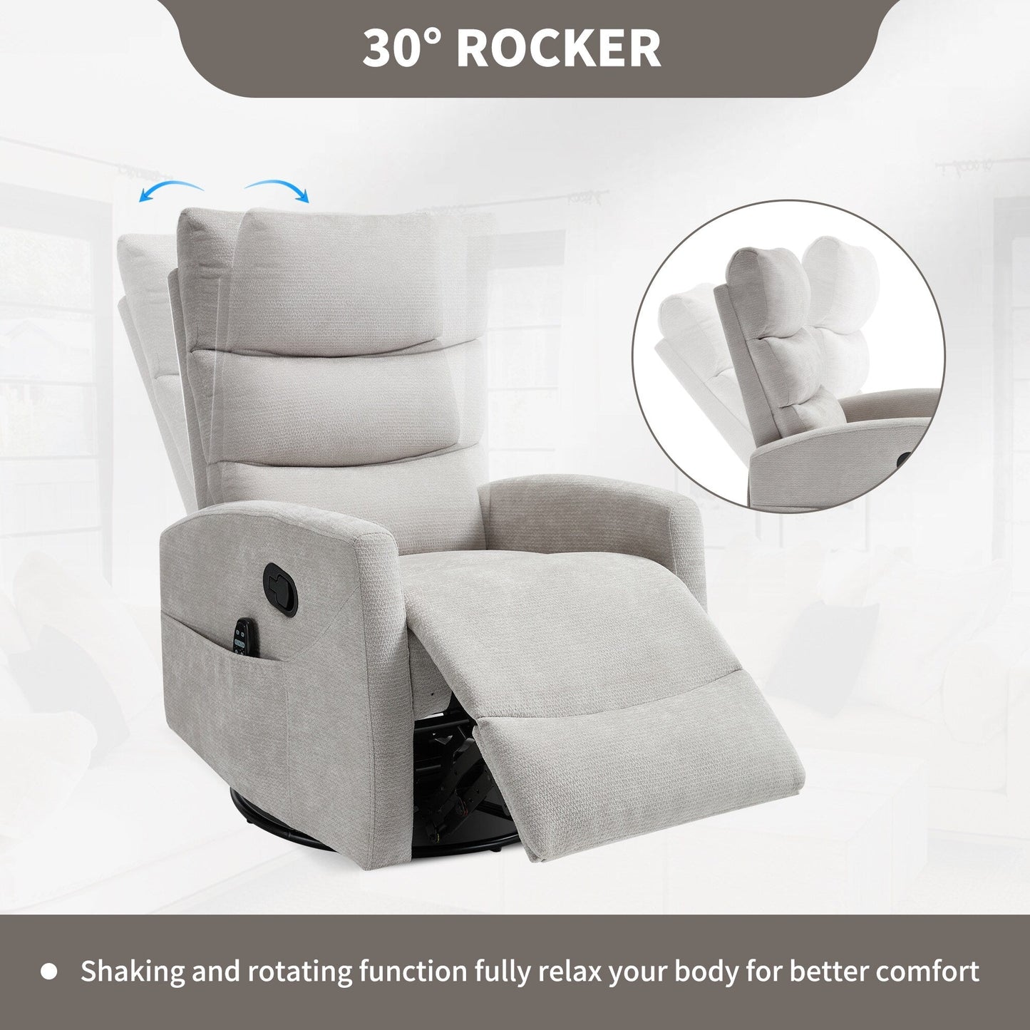 Heat Massage Manual Recliner Chair with Rocker and Swivel in Fabric for Living Room,Grey