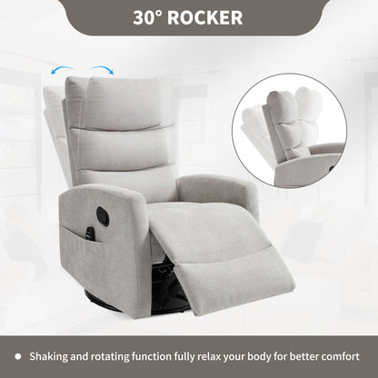 Heat Massage Manual Recliner Chair with Rocker and Swivel in Fabric for Living Room,Grey