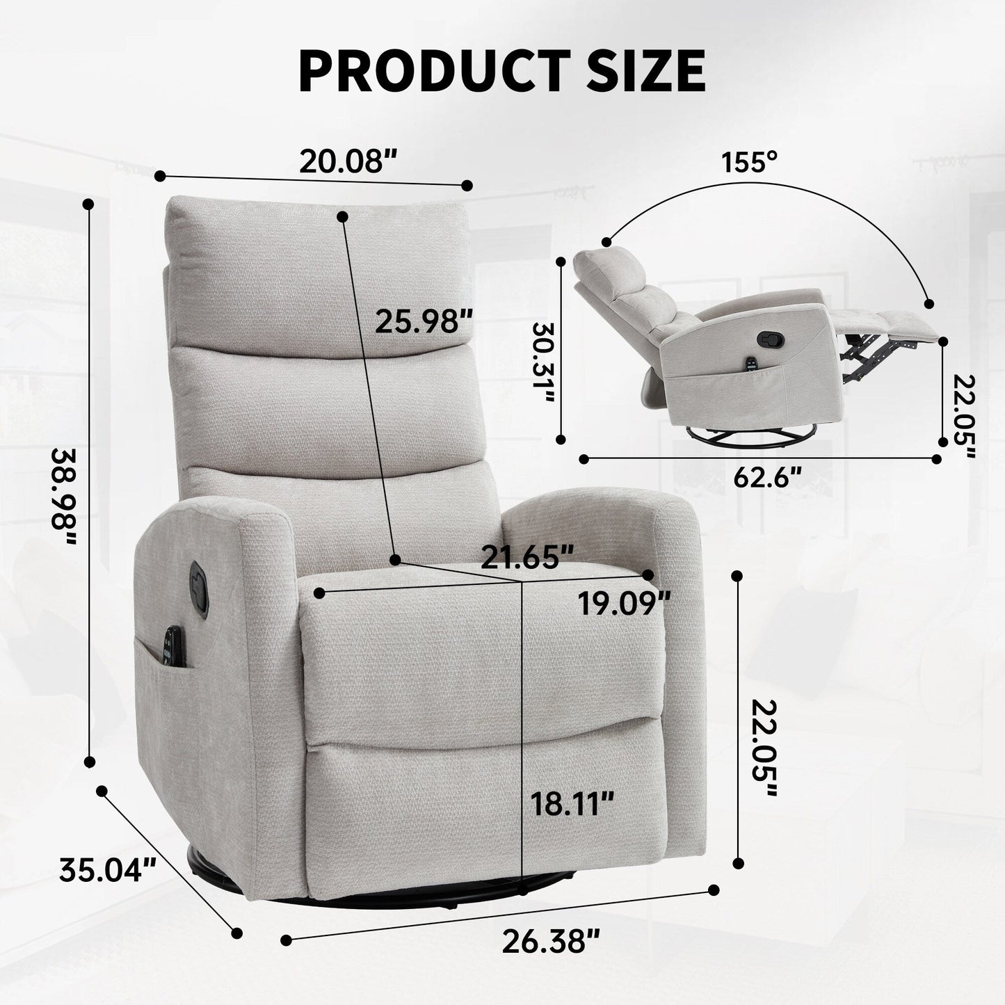 Heat Massage Manual Recliner Chair with Rocker and Swivel in Fabric for Living Room,Grey