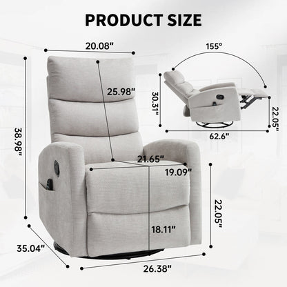 Heat Massage Manual Recliner Chair with Rocker and Swivel in Fabric for Living Room,Grey