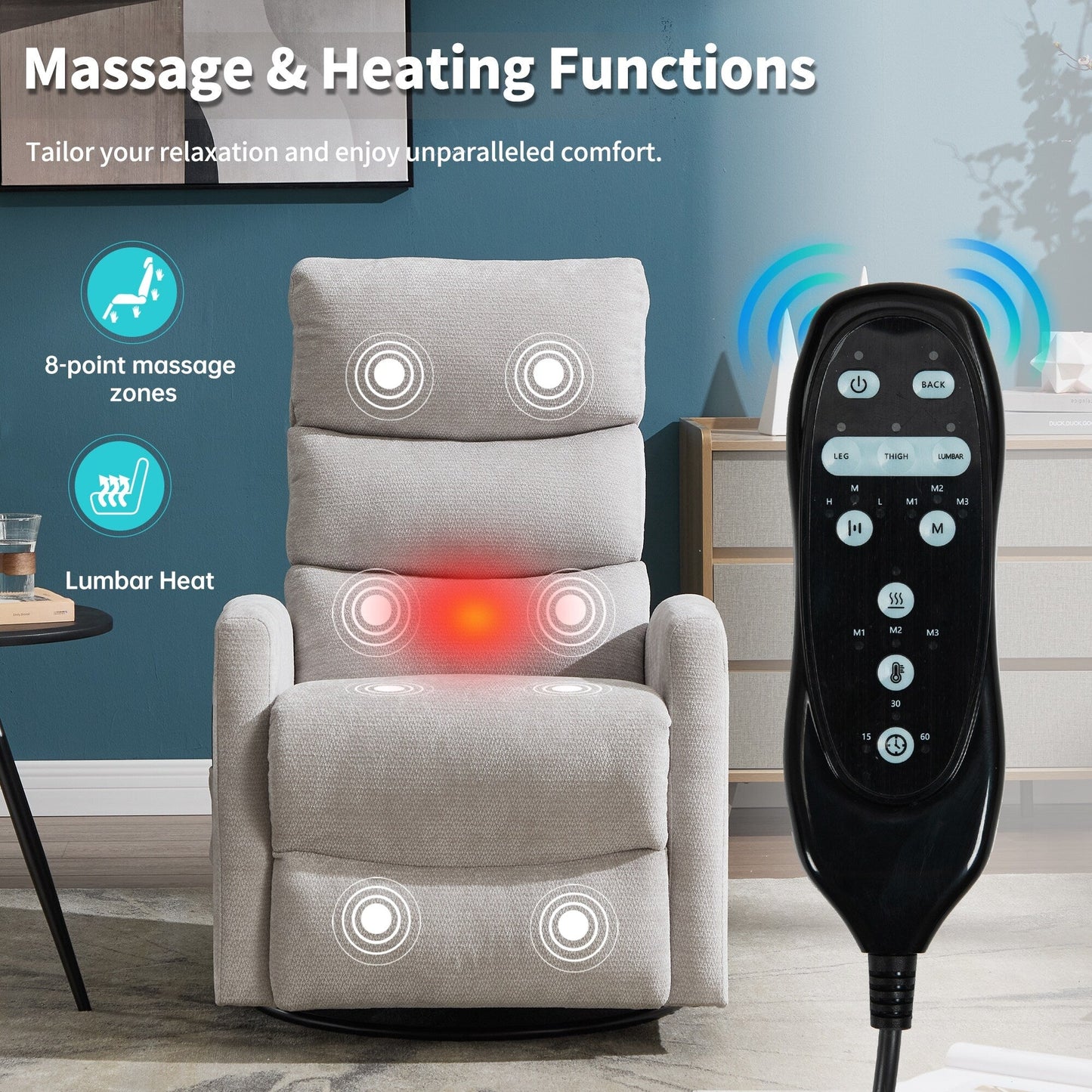 Heat Massage Manual Recliner Chair with Rocker and Swivel in Fabric for Living Room,Grey