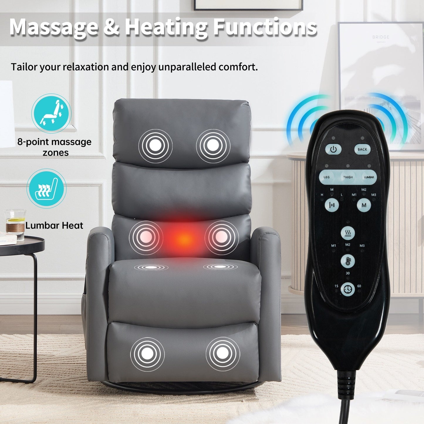 Heat Massage Manual Recliner Chair with Rocker and Swivel in Fabric for Living Room