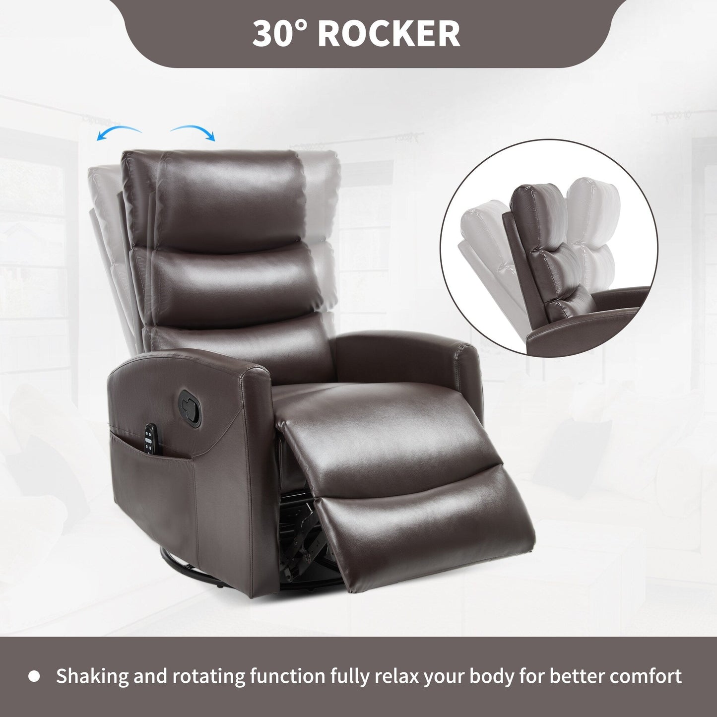 Heat Massage Manual Recliner Chair with Rocker and Swivel in Fabric for Living Room