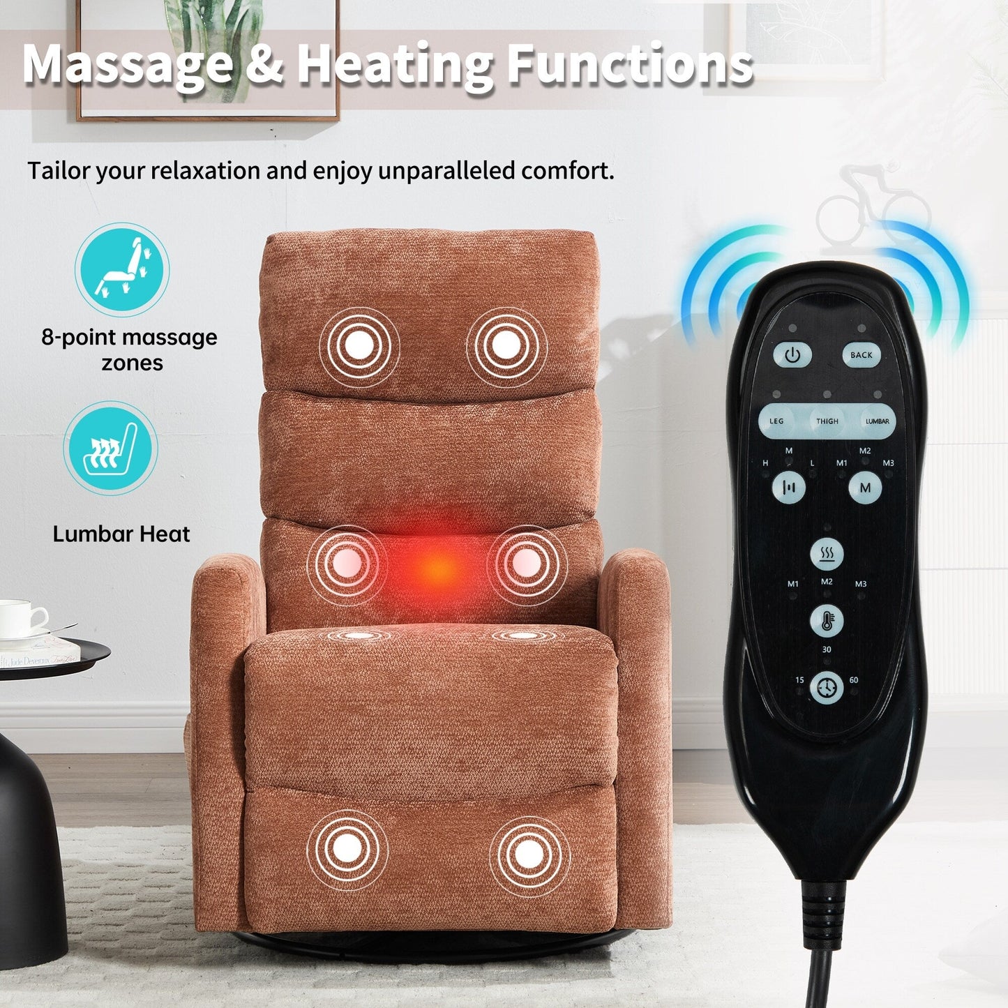 Heat Massage Manual Recliner Chair with Rocker and Swivel in Fabric for Living Room