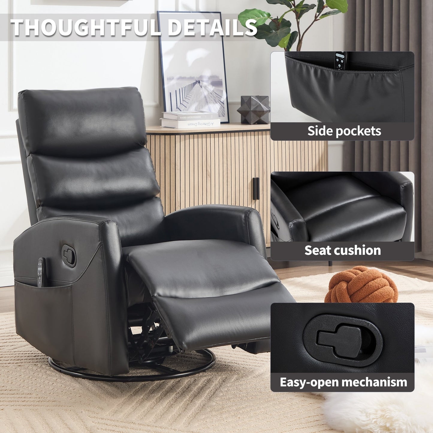 Heat Massage Manual Recliner Chair with Rocker and Swivel in Fabric for Living Room