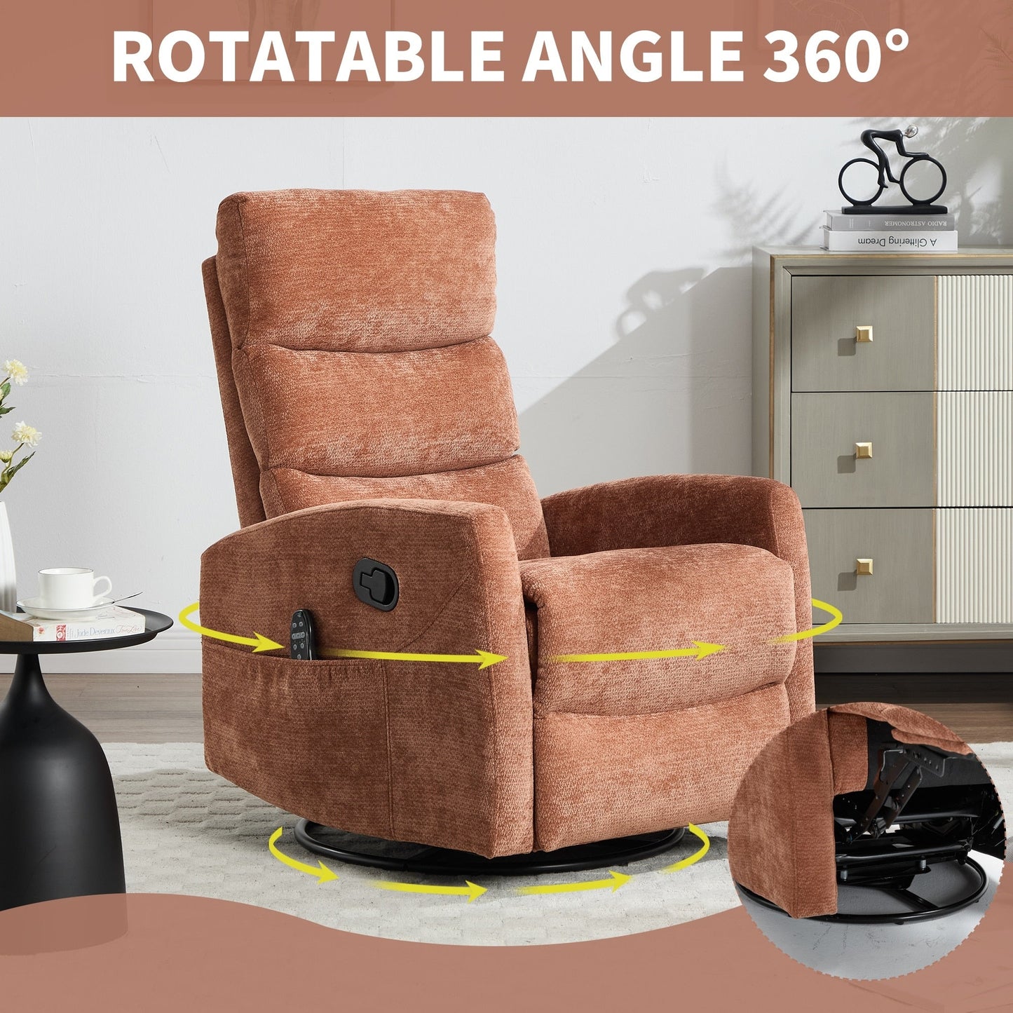 Heat Massage Manual Recliner Chair with Rocker and Swivel in Fabric for Living Room