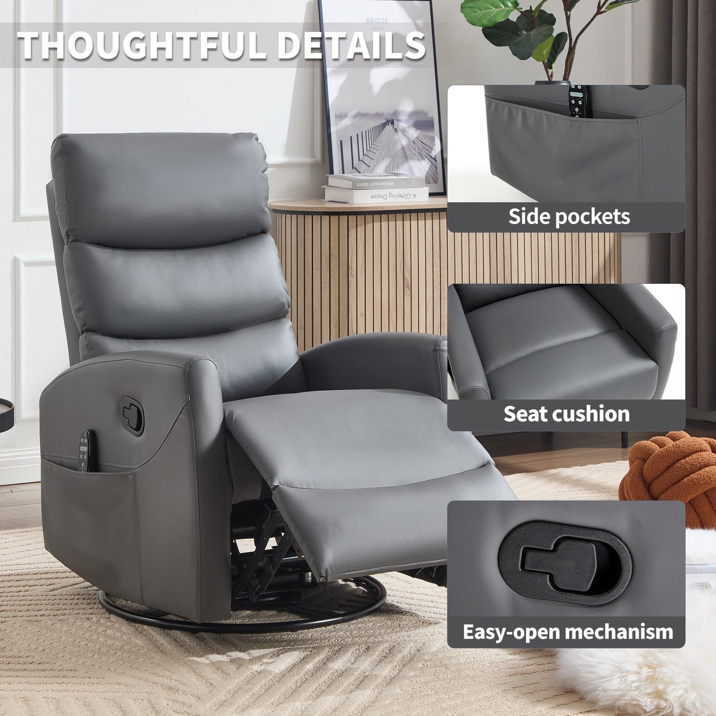Heat Massage Manual Recliner Chair with Rocker and Swivel in Fabric for Living Room