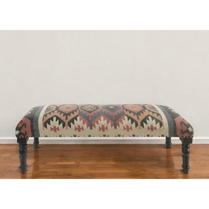 HomeRoots 47 Beige Brown and Rust and Black Jute and Wool Blend Upholstered Southwest Distressed Bench - 47 x 18 x 16