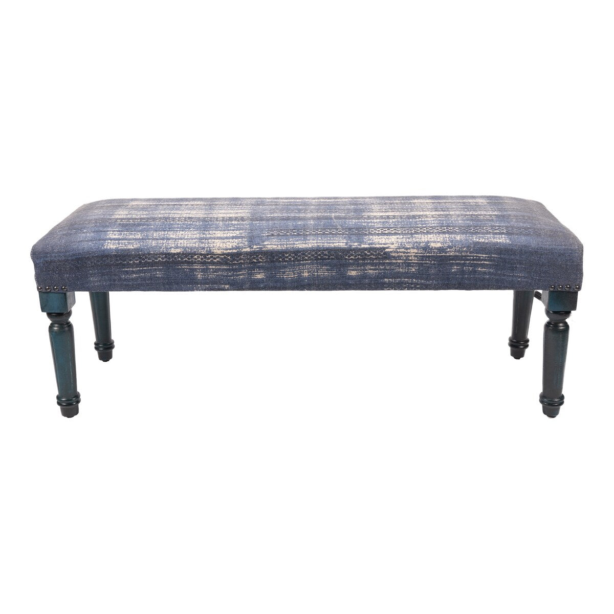 HomeRoots 47 Blue And Cream Abstract Design Blue Leg Upholstered Bench - 47 x 18 x 16
