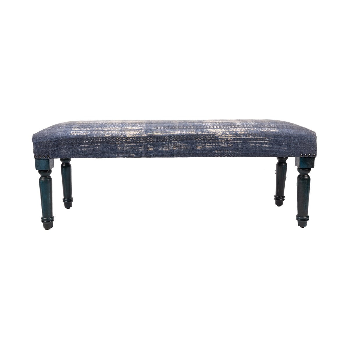 HomeRoots 47 Blue And Cream Abstract Design Blue Leg Upholstered Bench - 47 x 18 x 16