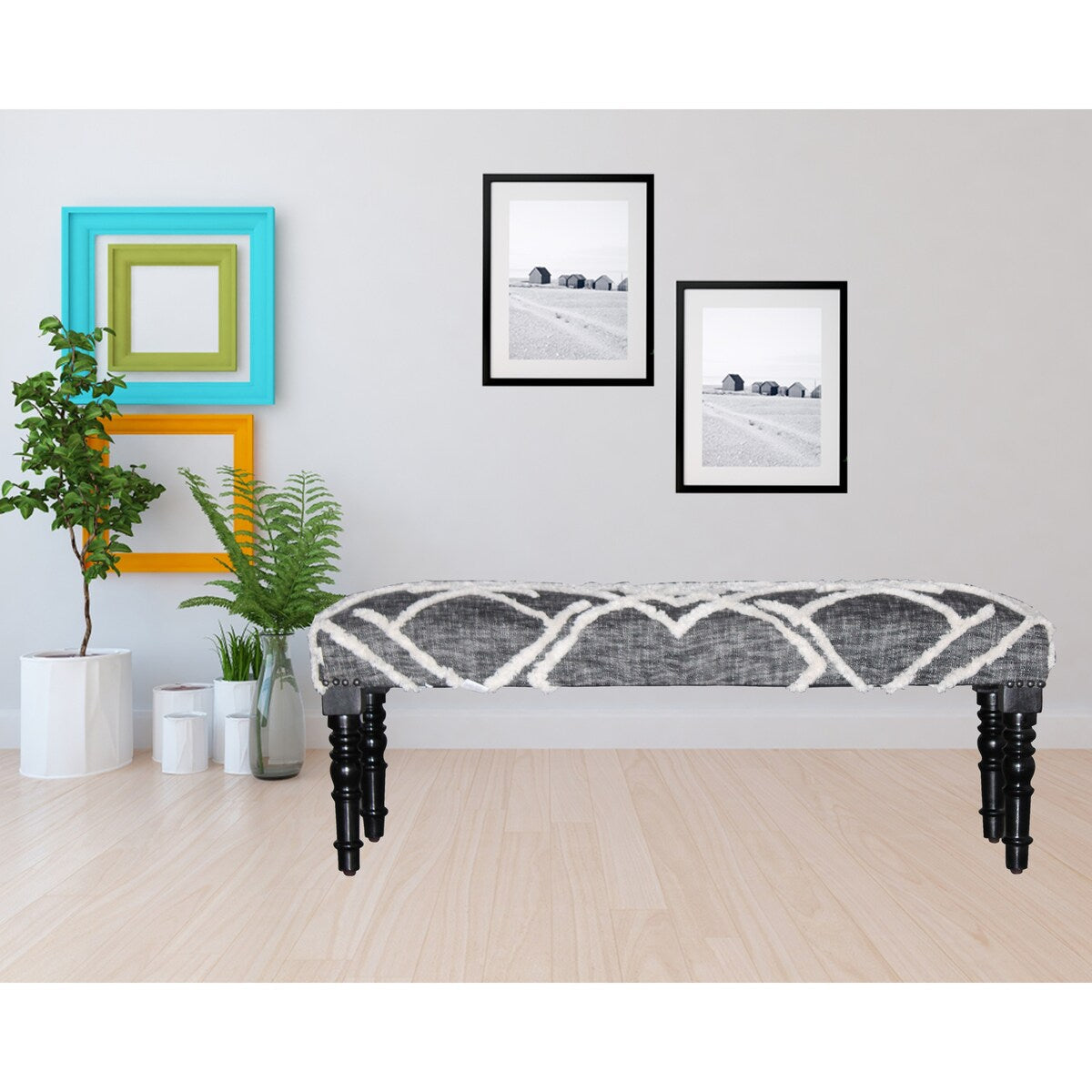 HomeRoots 47 Gray And White Cotton Upholstered Distressed Bench - 47 x 18 x 16