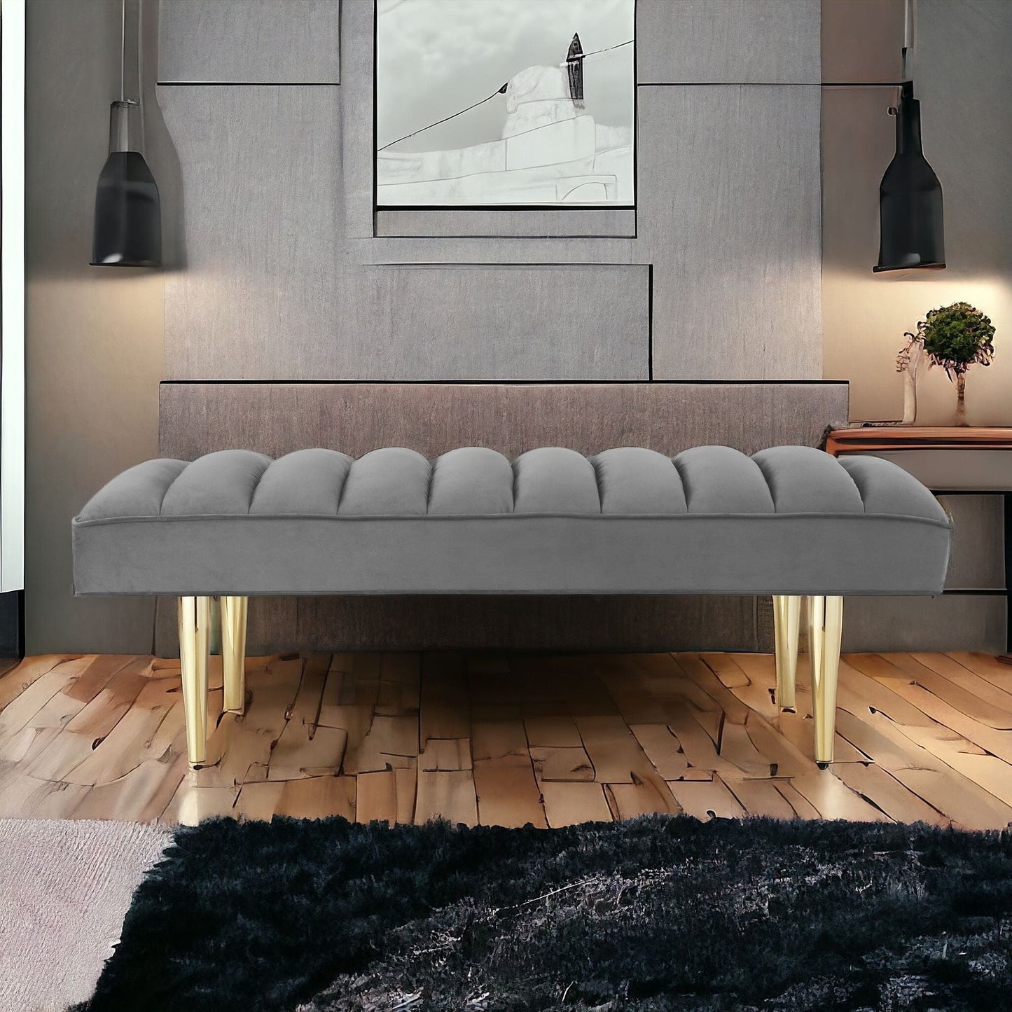 HomeRoots 53 Light Gray And Gold Upholstered Velvet Bench - 22