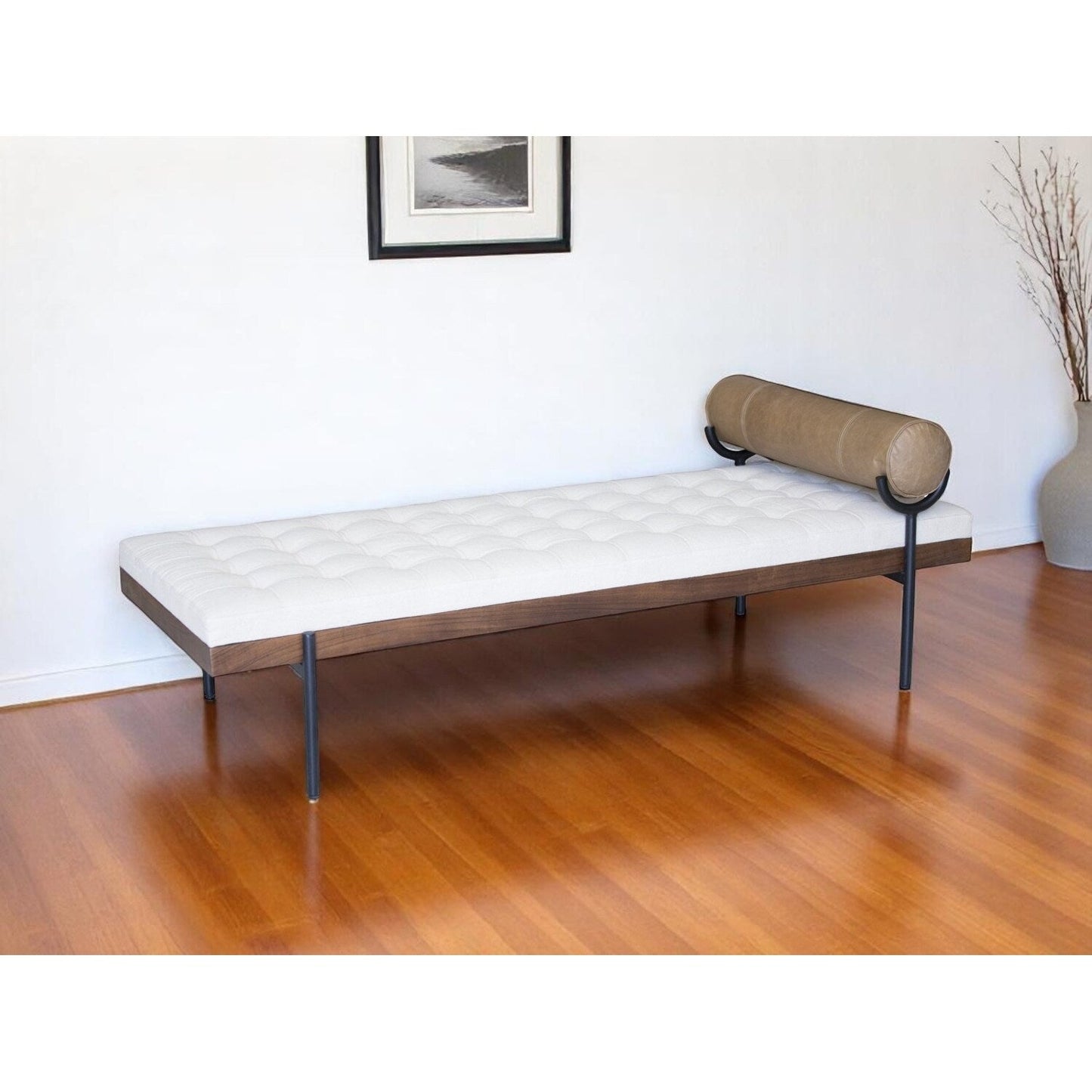 HomeRoots 72 Ivory Brown And Black Tufted Cotton Wood And Metal Cushioned Bench With Pillow - 72