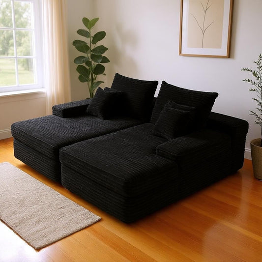 HomeRoots 82 Black Corduroy Modular Sofa Chaise And Toss Pillows