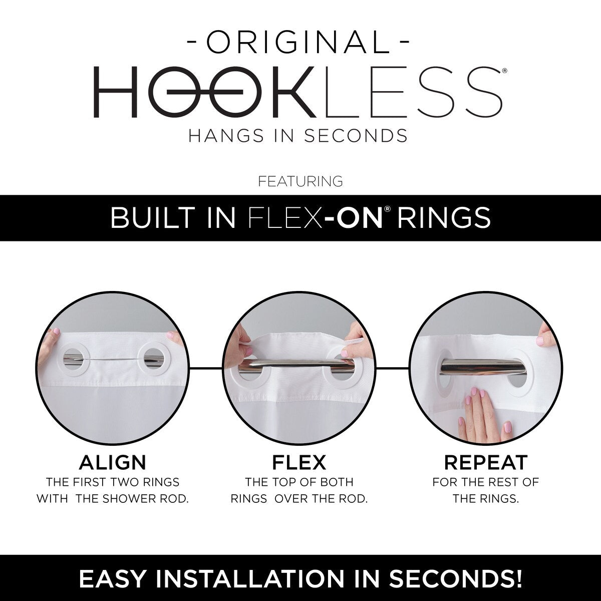 Hookless Escape 3-in-1 Shower Curtain with Sheer Top Window, Flex-on Rings & Fabric Liner