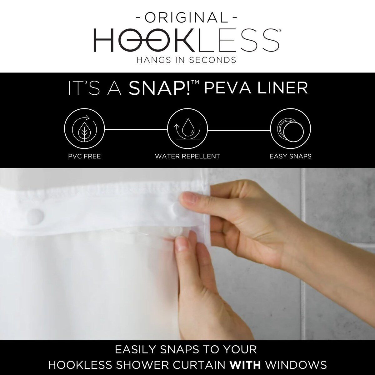 Hookless Satin Stripe 3-in-1 Shower Curtain with Sheer Top Window, Flex-on Rings & PEVA Liner