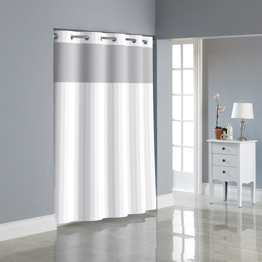 Hookless Satin Stripe 3-in-1 Shower Curtain with Sheer Top Window, Flex-on Rings & PEVA Liner