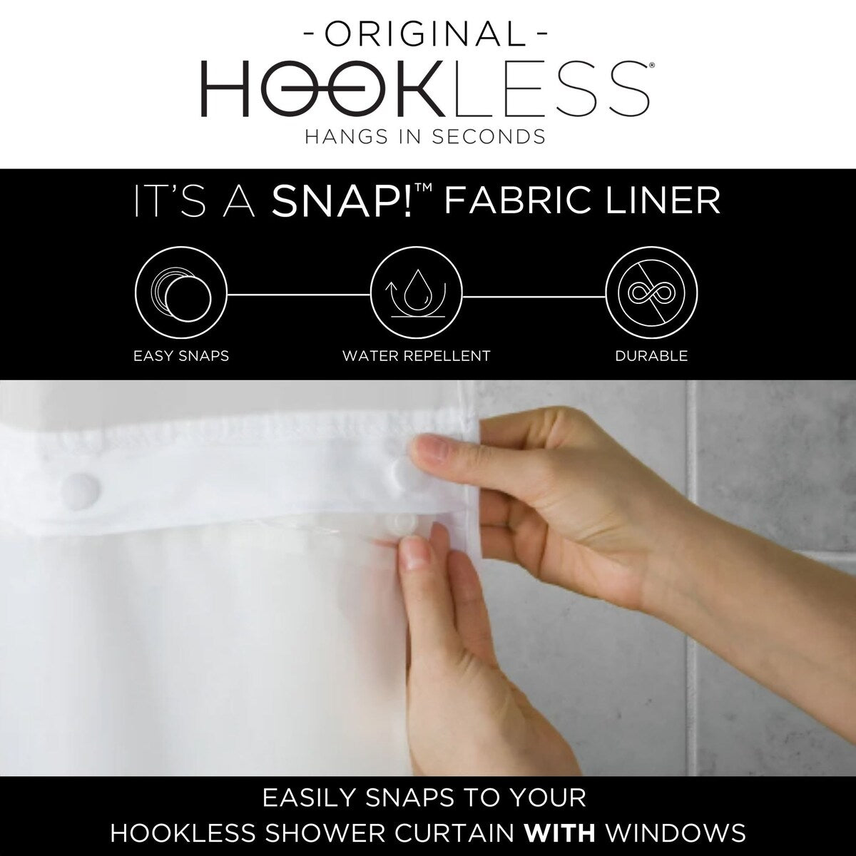 Hookless Waffle 3-in-1 Shower Curtain with Sheer Top Window, Flex-on Rings & Fabric Liner