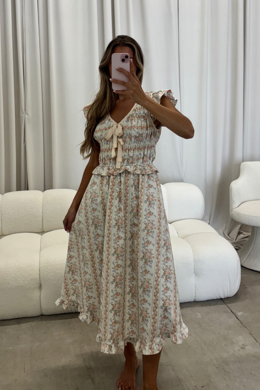 Shauna Vintage Floral Smocked Midi Dress in Peach