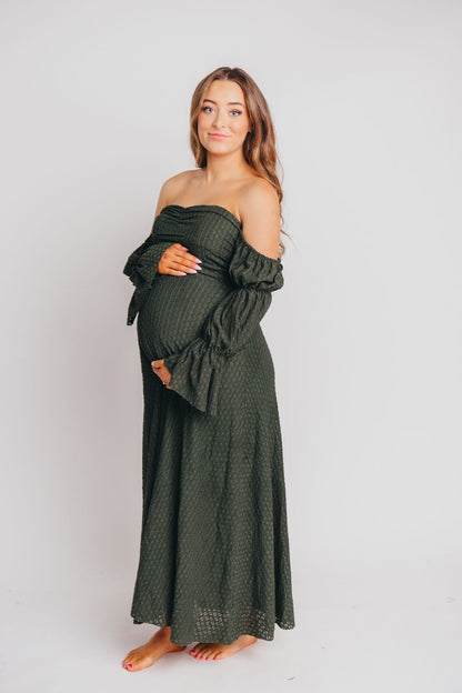 Corrine Tiered Sleeve Maxi Dress with Pockets in Hunter Green - Bump Friendly