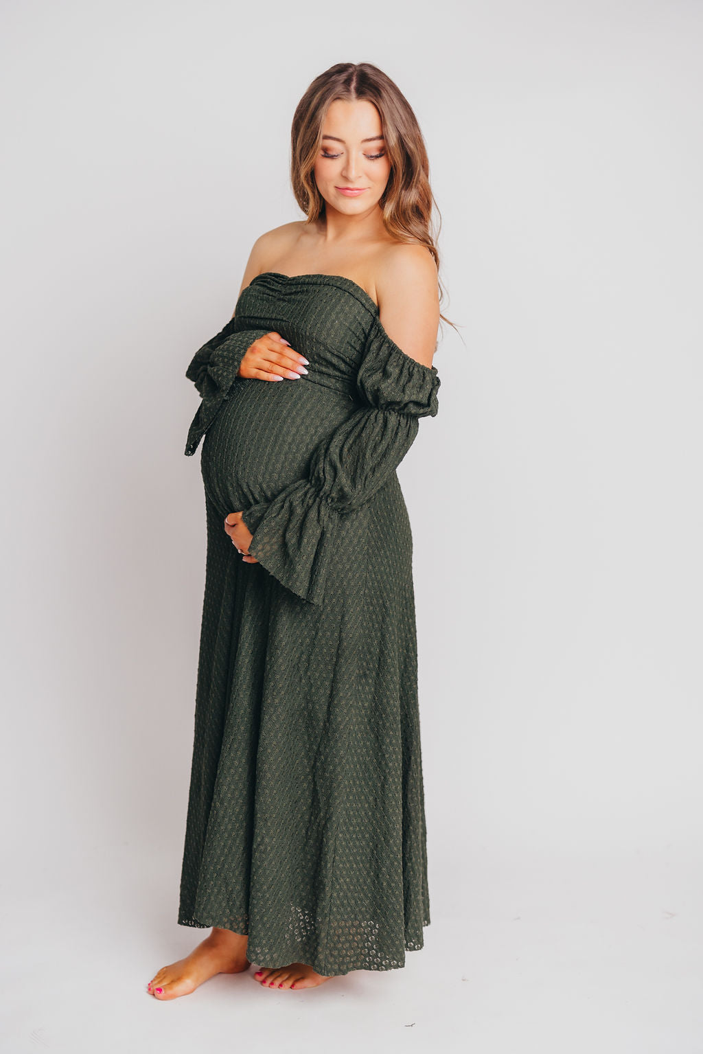 Corrine Tiered Sleeve Maxi Dress with Pockets in Hunter Green - Bump Friendly