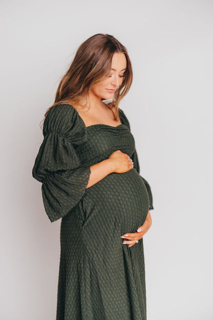 Corrine Tiered Sleeve Maxi Dress with Pockets in Hunter Green - Bump Friendly