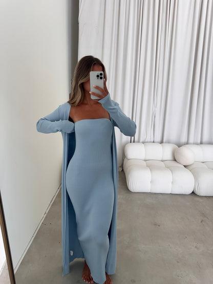 Lina Two Piece Dress Set in Dusty Blue - Bump Friendly