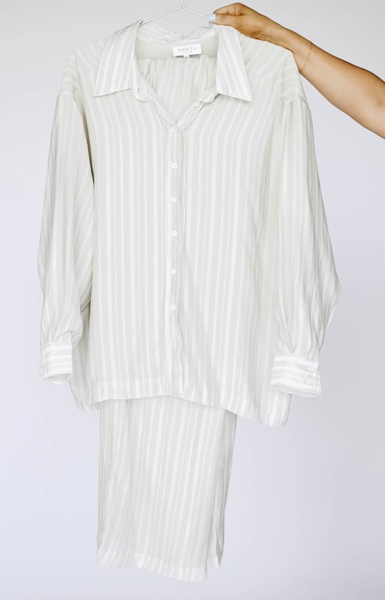 Sloane Striped Button-Down Shirt and Pants Set in Natural - Nursing Friendly