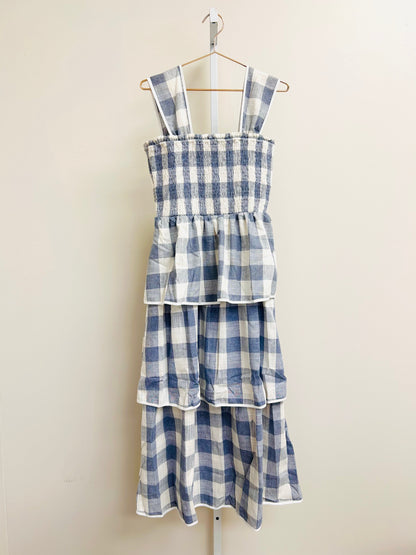 Ree Gingham Tiered Midi Dress in Blue